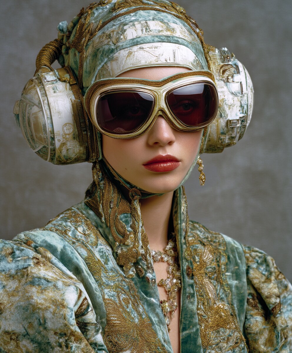 Editorial portrait wearing sculptural porcelain-inspired futuristic headwear