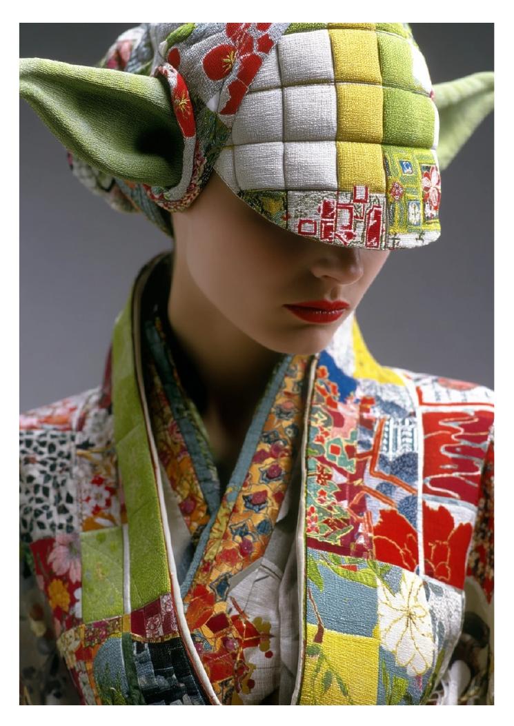 Editorial figure in a richly patterned green and red garment