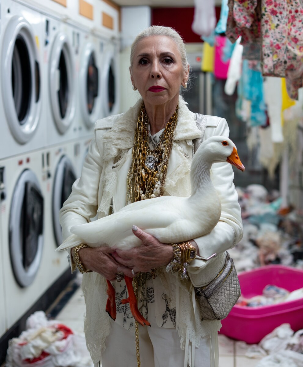 Older woman dressed in white holding a goose in a laundrette